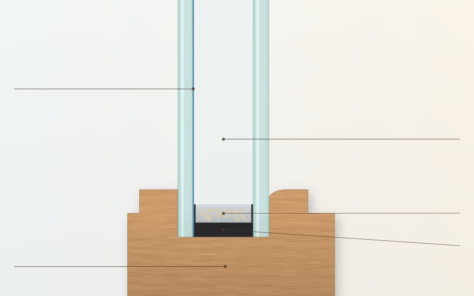 Double-pane insulated glass set in a wood sash, in cross section: two panes, a Low-E coating, a sealed air space, and the spacer and seal at the edge