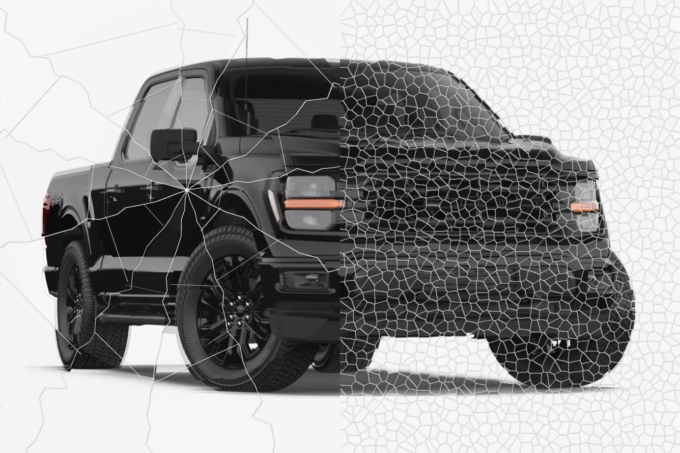A truck seen through broken glass: on the left ordinary glass cracked into long sharp shards, on the right tempered glass broken into small pieces