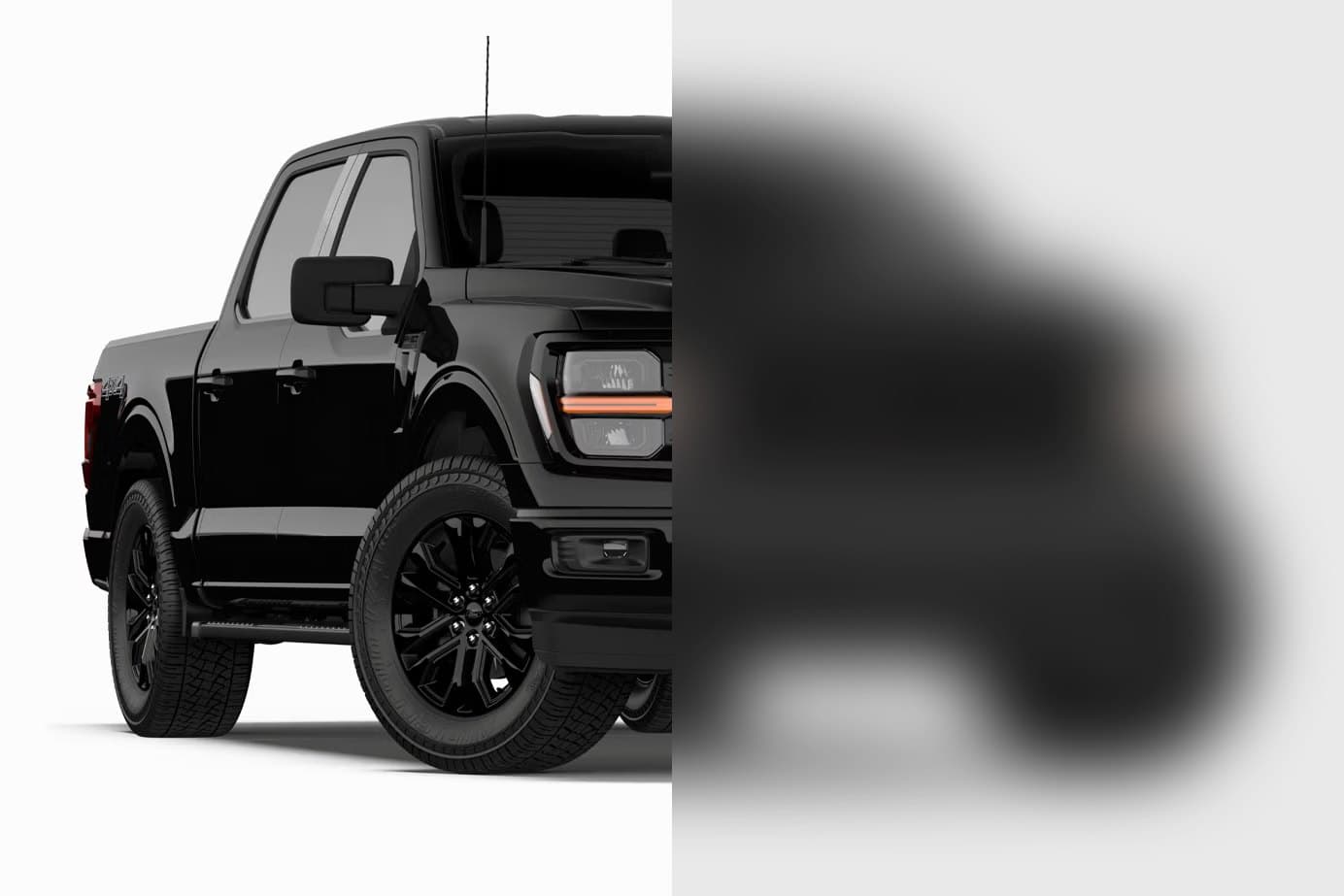 Pickup truck with its right half seen through Acid Etch obscure glass