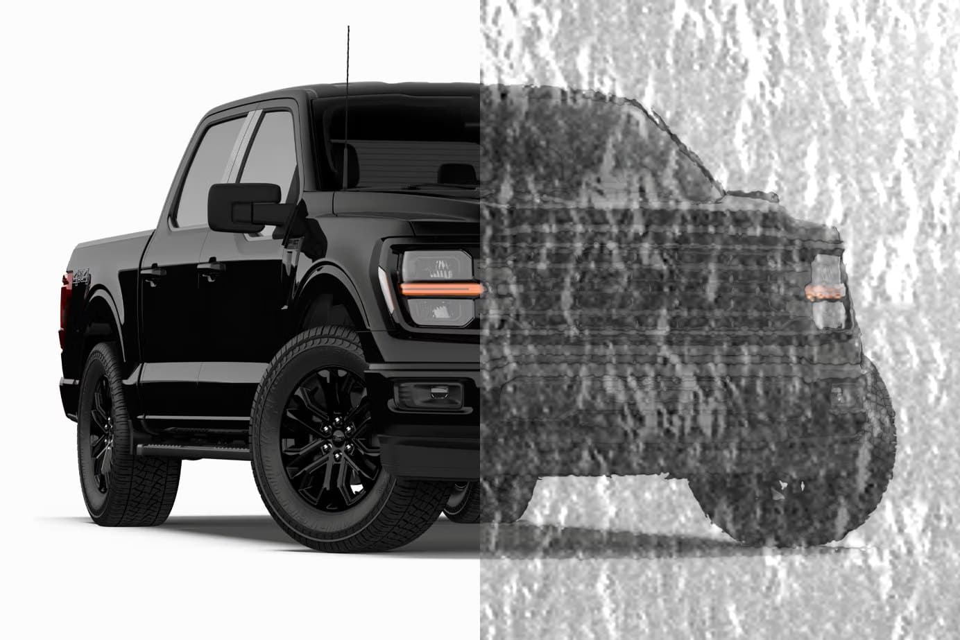Pickup truck with its right half seen through Aqualite obscure glass