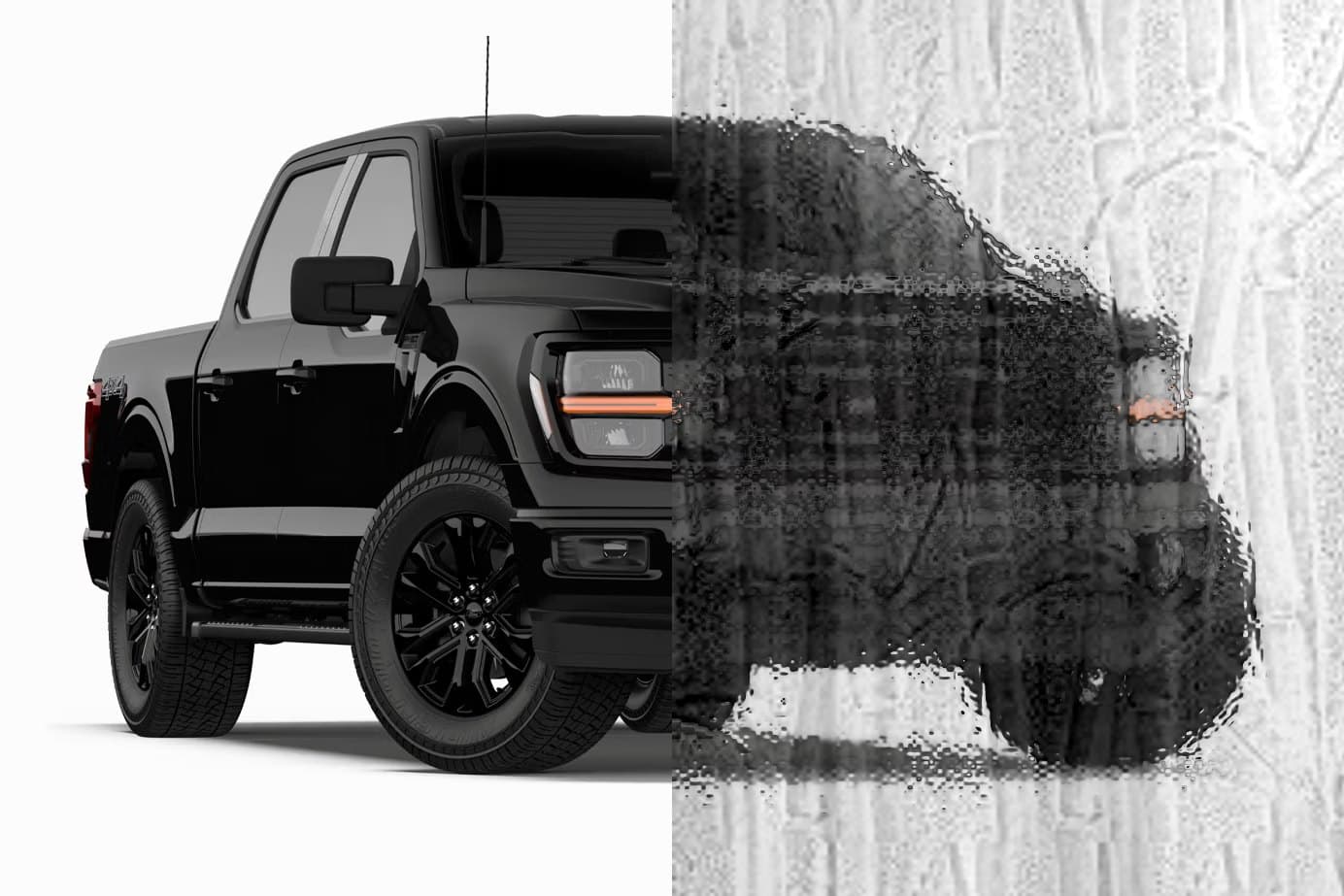 Pickup truck with its right half seen through Bamboo obscure glass