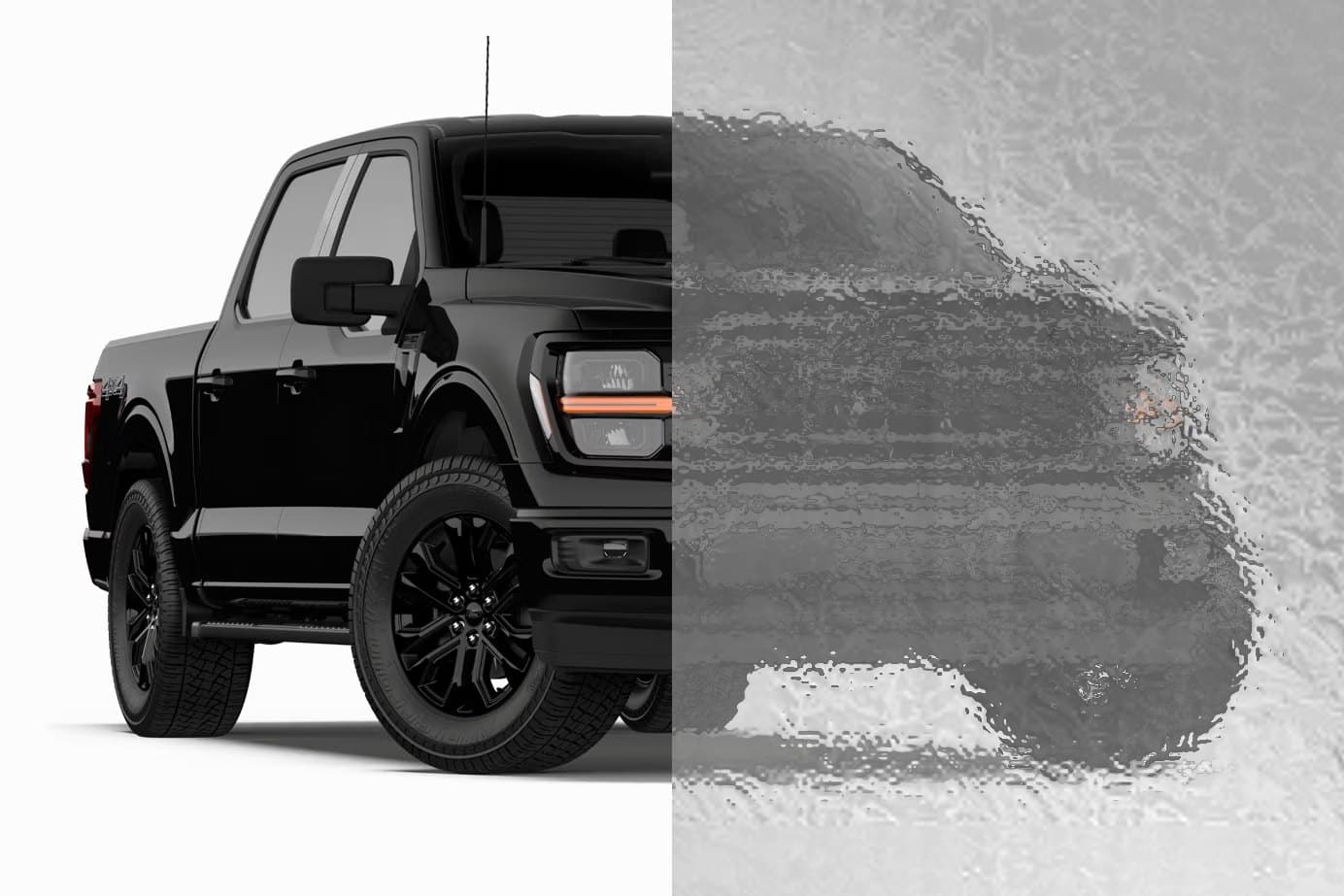 Pickup truck with its right half seen through Gluechip obscure glass