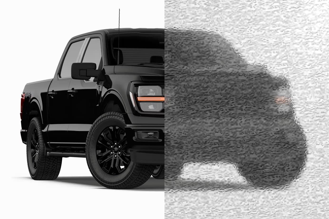 Pickup truck with its right half seen through P-516 obscure glass