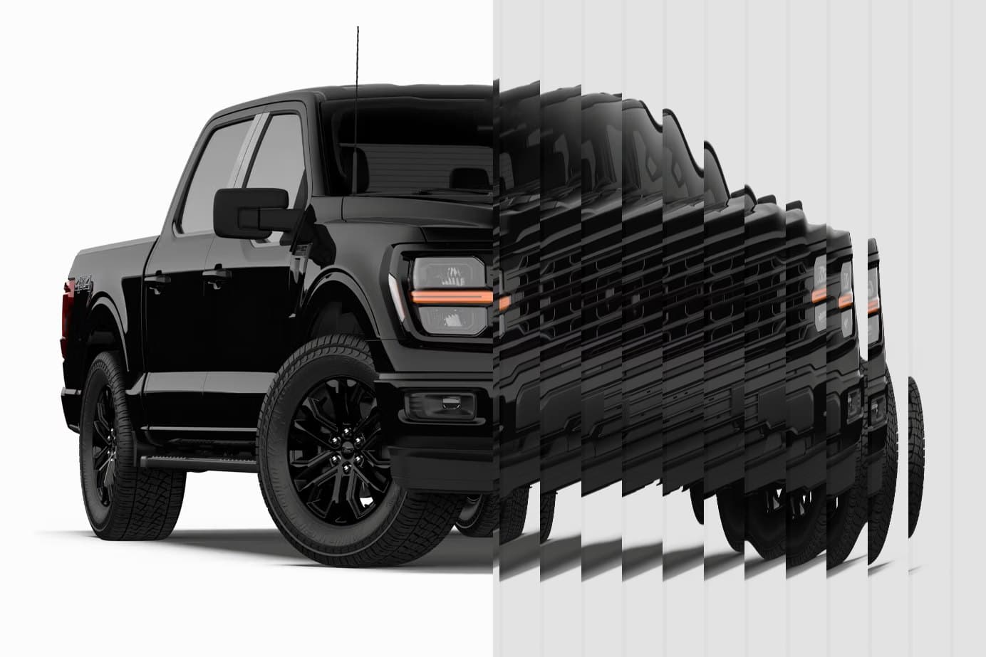 Pickup truck with its right half seen through Reeded obscure glass