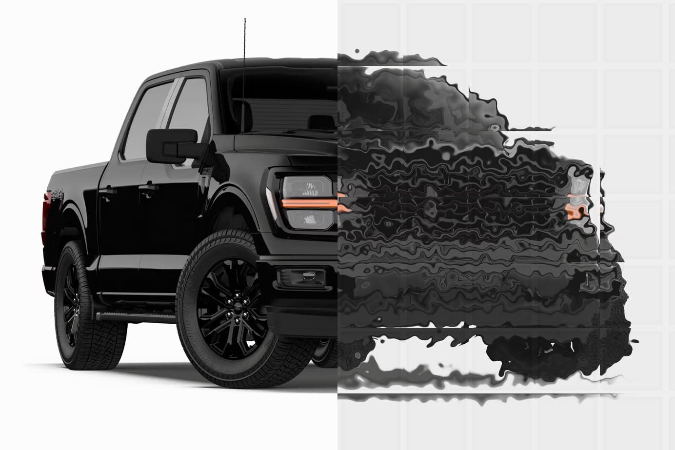 Pickup truck with its right half seen through Squares obscure glass