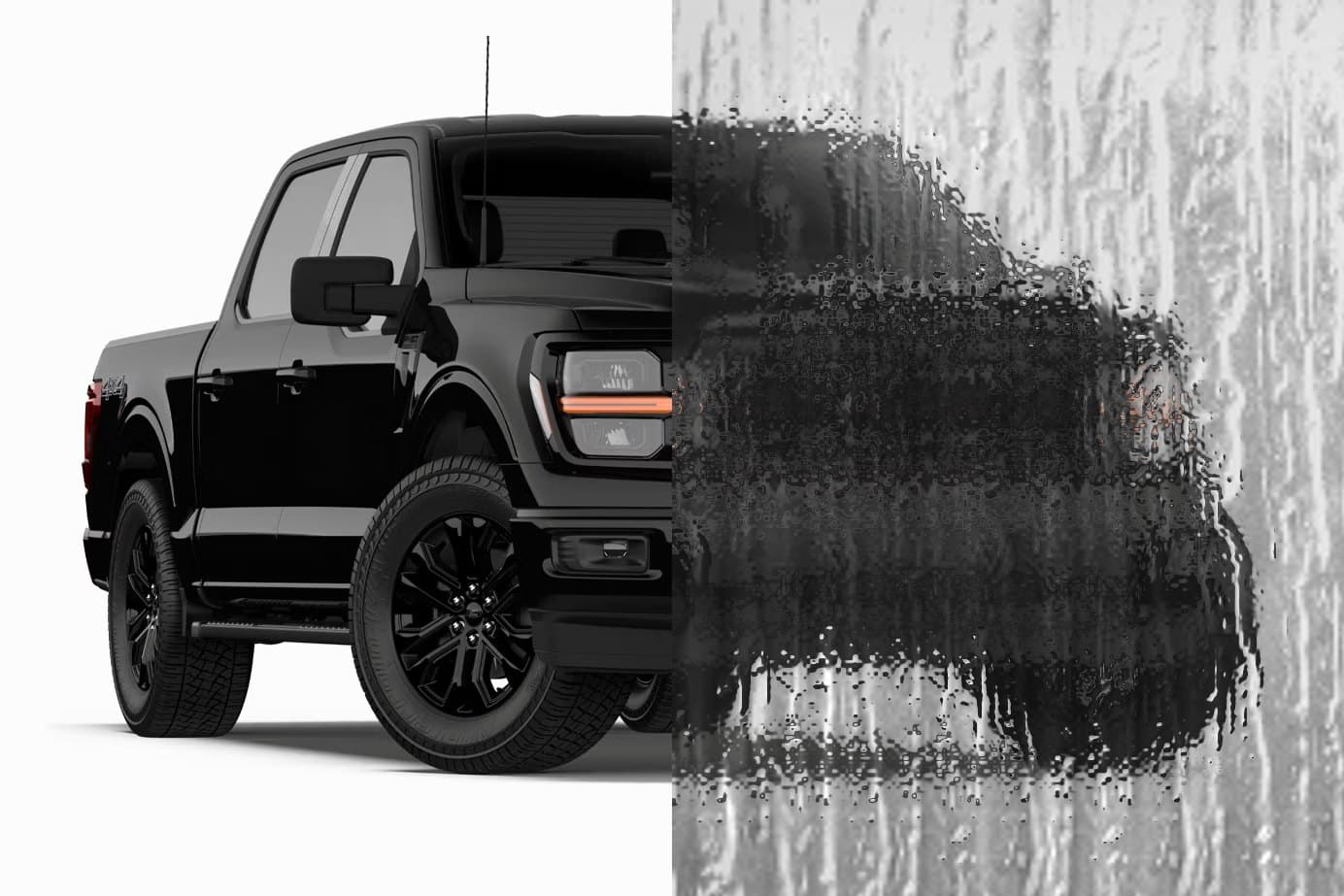 Pickup truck with its right half seen through Rain obscure glass
